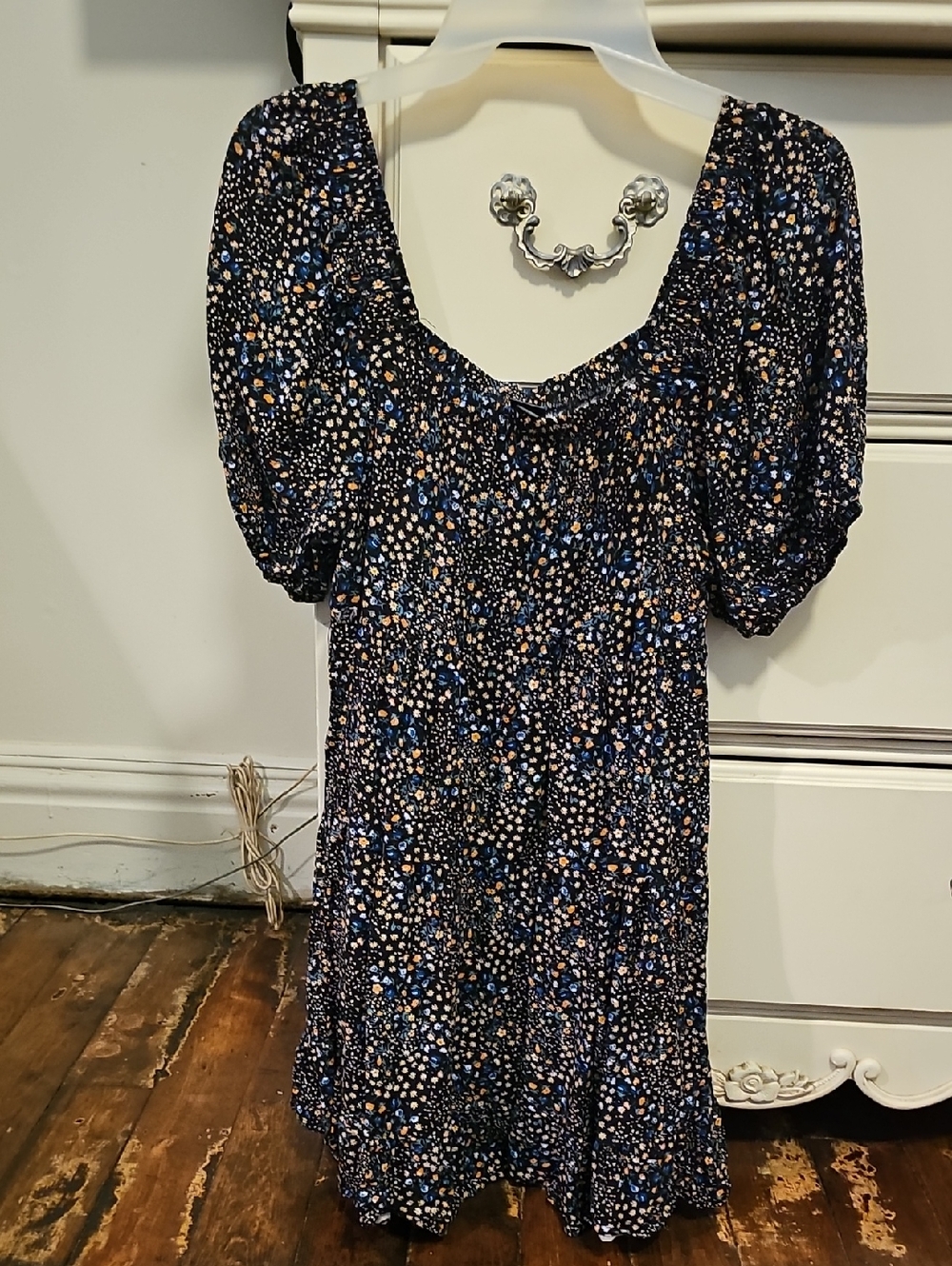 Wild Fable Black Floral Puff Sleeve, Tiered Mini Dress